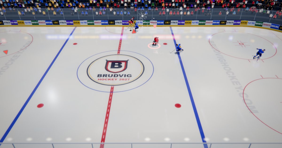 Brudvig Hockey 2027: Red and Blue skaters at center ice in Brudvig Arena, the Brudvig crest on the ice